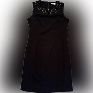 Calvin Klein Sz 8 Black Tailored Sheath Dress w/ Metal Gold Stud Collar